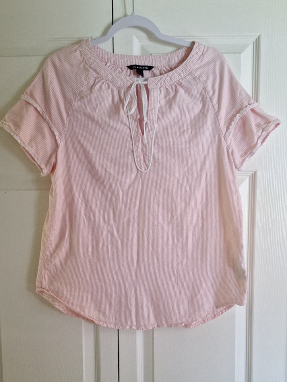 Zak & Rachel Light Pink Pin Stripe Tie-Neck Short Sleeve Peasant Top